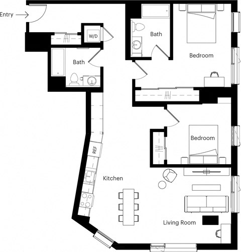 a floor plan of a house with a footprint of a living room and a kitchen